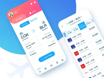 Flight/Hotel Booking App bangalore blue buttons colors design facebook flight app flight booking flipkart google hotel app hotel booking minimal mobileapp mobileui popular reward ui uiux ux