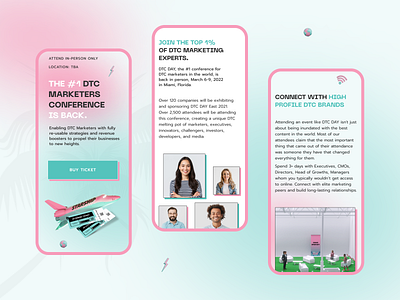 Mobile version for offline DTC conference website 3d about conference cta figma graphic design green hero icon inspiration landing page miami pink speakers tickets typography webdesign webflow