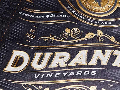 Durant 45th Anniversary Magnum artisan branding durant emboss estate flourishes food gold gold foil gourmet logo luxury oregon ornate packaging typography vineyard wine wine label winery