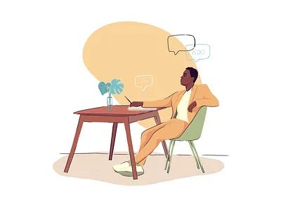 Thought business character concentration creative illustration mind office process procreate product reflection table thinking work