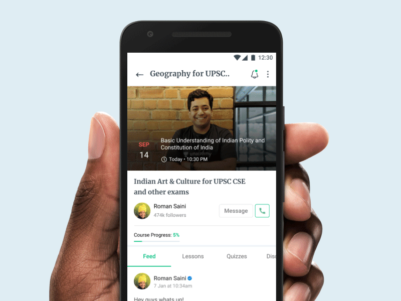 Plus Course Page Iterations android app edtech filters iterations list minimal navigation tabs ui unacademy ux