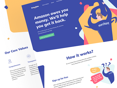 Refundlabs: Landing page 💎 amazon blue bold typography customer returns data header illustration landing page platform product page recover recover money refund reimbursement revenue back seller web web page website