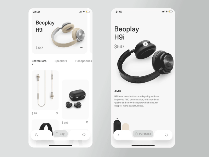 Bang-Olufsen mobile e-commerce - Framer X app beoplay branding custom design ecommerce framer x headphones iphone mobile app motion motion design page product card shop ui ux
