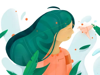 Lost in the wind 10clouds app draw flat girl illustration leaves nature procreate water white woman