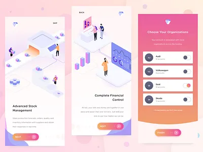 Onboarding for ERP app [iOS/Android] app enterprise erp figma finance financial fintech illustrations intro ios isometric management minimal mobile onboarding onboarding screens stock