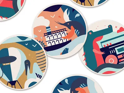Sticker Mule Playoff air balloon airship bird character coaster crocodile flat graphic design illustration linework lobster louisiana ocean pelican shrimp stereo sticker sticker mule ux vector
