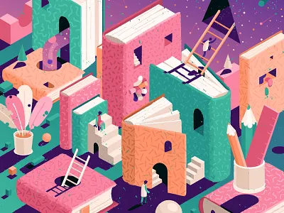 So many books, so much adventure. adobe illustrator adobeillustrators adventrue books colorful editorial editorial art editorial illustration illustration illustration art mood reading storyes vector