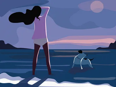 Midnight Breeze art beautiful breath calm character color design dog evening girl graphic illustration light luna midnight night ocean sea vector woman