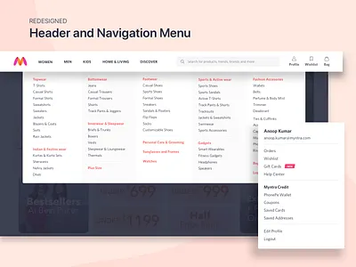 Redesigned Header and Navigation Menu for Myntra aesthetics cart catalogue category desktop dropdown elegant header icons myntra navigation menu redesign search spacious top bar ui ux wishlist