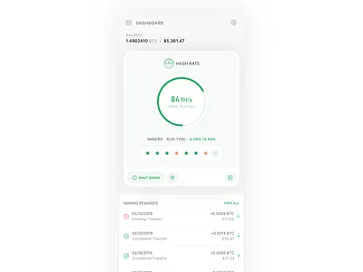 Bitcoin Hashrate Cards V4 app bitcoin clean concept crypto crypto currency dashboard design finance flat icon interface ios iphone mobile product design sketch ui ux web