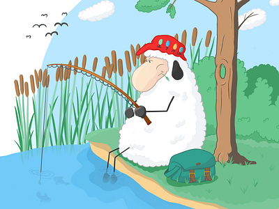 Lazy Fishing Sunday art chill fish fishing illustration procreate sheep tree