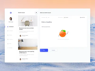 Add new bulletin board add board calendar close contacts headline image neel news orange orange juice plus prakhar settings sharma tickets ui ui ux upload ux design