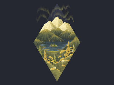 In the Woods Somewhere aurora borealis digitalart digitalartist forest green illustration landscape mountain nature northern lights procreate procreateapp trees