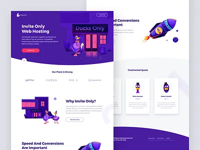 Purple Duck Club Landing Page bird character club duck house housekeeper illustration landing landing page portfolio purple rocket rocketship space ui ux web website