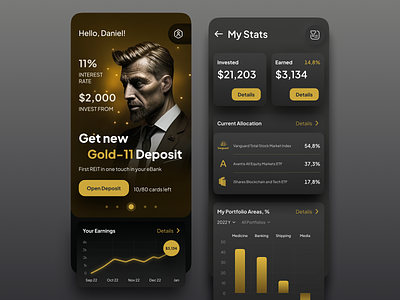 Invest Club App (concept) analytics banking chart club dark theme datavisualization finances fintech gold investment luxury mobile mobileapp statistics stocks