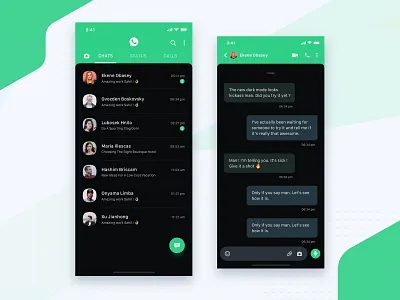 Whatsapp Dark Mode Concept black chat chat bot conversation dark design feed freebie home home screen iphone x message messaging messenger minimal new profile text user whatsapp