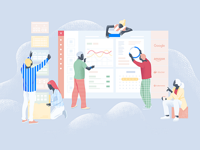 Landing page illustration applications building candy charts cloud constructor desktop flat illustration man pastel people platform service woman