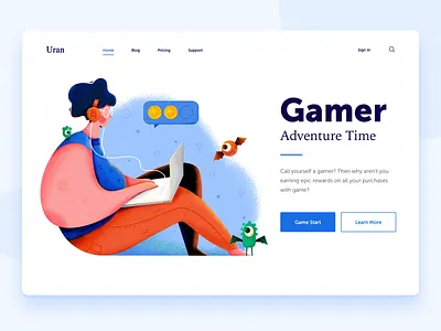 Gamer adventure character coin game gamer illustration man money monster people play player ui ux web website
