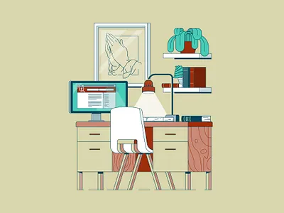 In the Word bible books chair christianity desk desk lamp plant praying hands research search shelves study vector