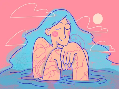 Daydreaming isn't a waste of time 2d brush charachter clouds custom darkcube data design digitalart drawing dream fish illustration landing page sea ui ux vector water woman