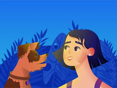 Friendly Dog animal animal art character characters colors design dog draw face flat flowers hair happy illustration plants vector woman