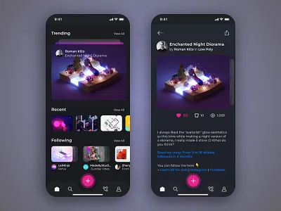 Dribbble App 3d app carousel dark dribbble gallery gradient like low poly mockup ui ux