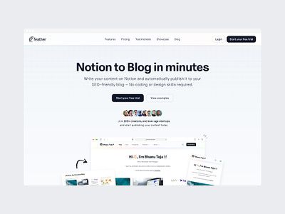 Feather — Landing Page v2 🤩 article blog blogging platform content home page journal landing page marketing site notion product page publish seo ui ui design ux ux design web design website writer