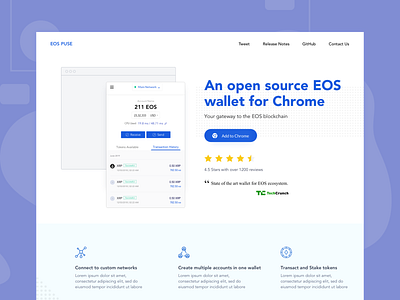 Landing Page - Open source browser extension blockchain blockchain cryptocurrency blockchaindevelopment blockchaintechnology chrome chrome extension clean crypto currency crypto exchange eos extension landing design landing page minimal
