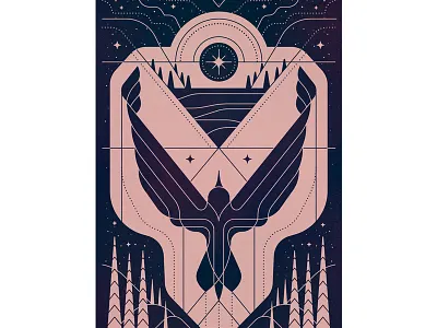 Guided bird clouds forest lake nature stars trees vector water