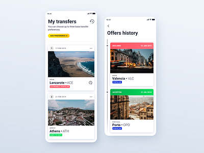 Base Transfer - My Transfers and Offers History app badge card city design history list mobile ryanair time line ui ux