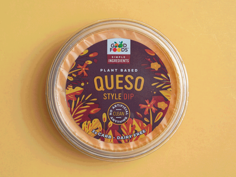 Good Foods: Plant Based Dips avocado branding colorful dips flora foliage food healthy illustration ingredients label leaves organic packaging pesto plants queso typography vegan vegetables