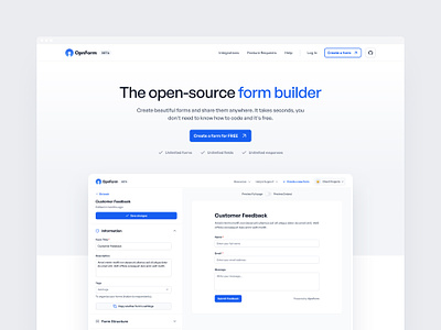 OpnForm form builder form creator forms home page landing page marketing page no code tools open source product page saas ui ui design ux ux design web design website