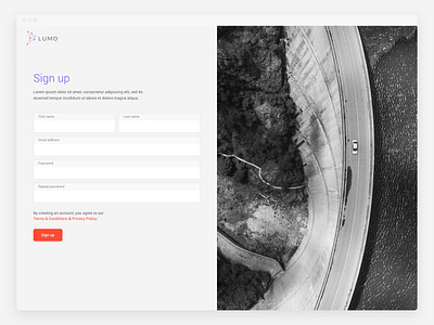Lumo sign up black and white form minimal photography responsive sign in travel web