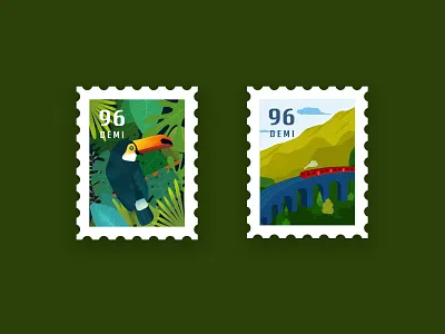 Stamp bird green illustration leaves moutain stamp train