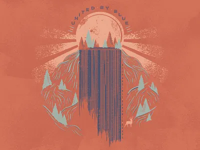 Rolling Waters graphic tee illustration outdoor scene spring sun sun rays united by blue waterfall