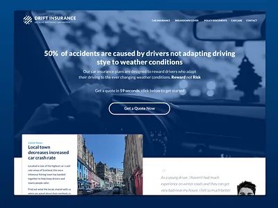 Daily UI Challenge #003 - Landing Page blue car cards ui concept dailyui dailyui 003 drift insurance landing page landing page concept typography uidesign website website concept white