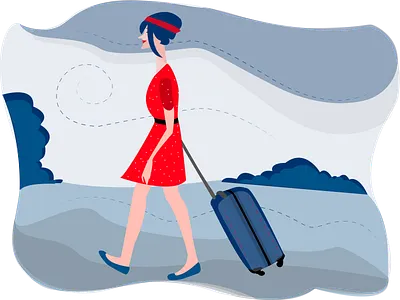 On The Way art beautiful blue character clothes color colour design dress girl going graphic illustration red sky suitcase ui vector way woman