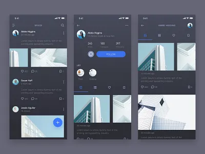 Social APP- dark theme blue chat clean dark icon social ui ux 应用
