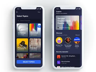 Onboarding page + Home page (Podcast app) app colors design interface ios mobile podcast ui ux