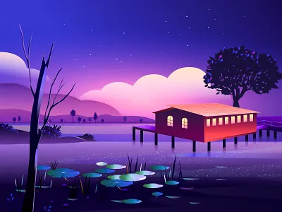 Quiet Night house illustration lake tree