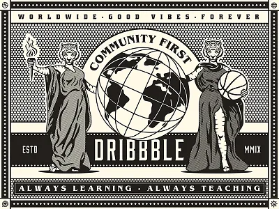 Dribbble Equipment Shop - World Wide Good Vibes Poster community dribbble equipment shop feeble globe good vibes worldwide forever growcase halftone halftones lioness mutant poster victorian era