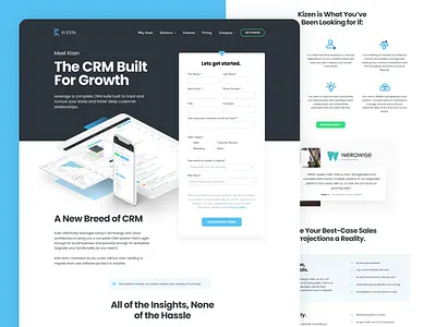 Kizen CRM Marketing app black blue branding crm design landing marketing minimalistic typography ui ux web white