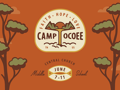 Camp Ocoee explore explorers illustration outdoors outside palm canyon raft retro river trees water waterfall