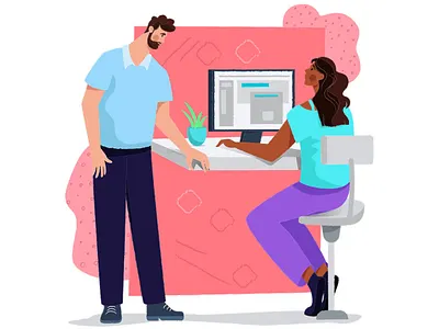 Work Time character characters computer design discuss draw flat flowers illustration man plants vector woman work
