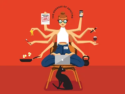 The Goddess of Adulting adulting cat character design cooking goddess illustration laptop wine woman illustration