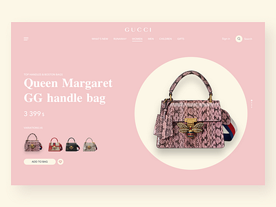 Gucci bags product page animation app bag concept debut design illustration landing landing page mobile page pink product page ui ux website yellow