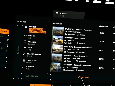 Battlefield VR Server List Interactive Prototype 3d apple ar augmentedreality computing game meta metaverse oculus pro shooter spatial ui unity ux virtualreality vision vr xr