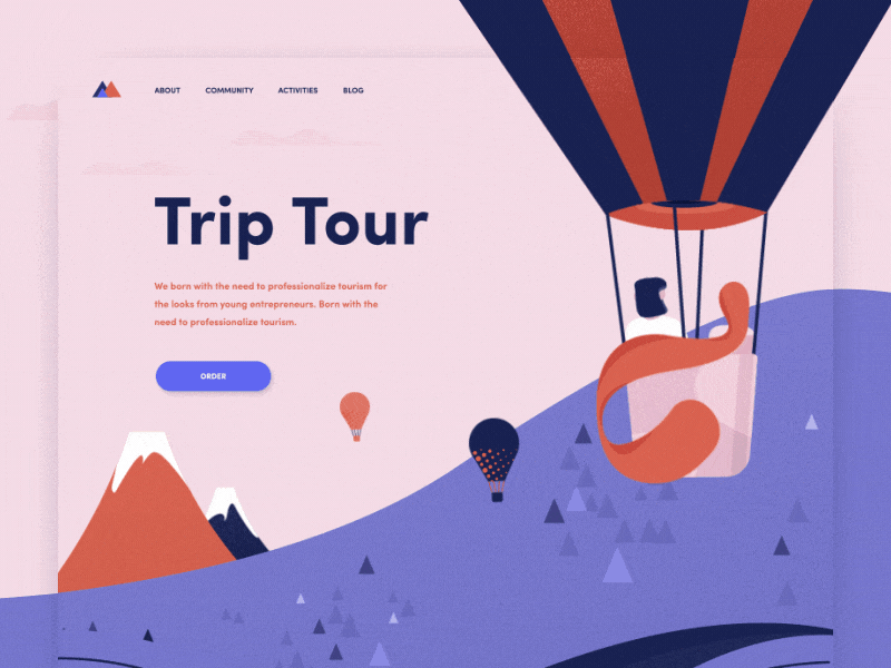Traveling landing animation ani animation balloon button couple design flat helmet illustration landing page logo orange scooter sea travel typography ui ux vector web