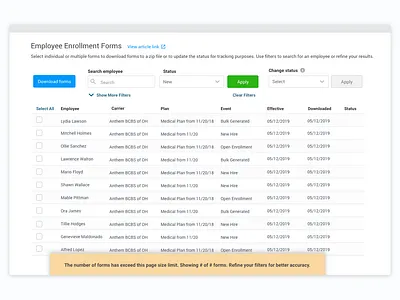Enrollment tables enrollment filters status tables ui ux