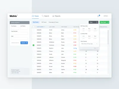 Metrix app cases filter icons menu nav popover reports search table tabs ui ux web app
